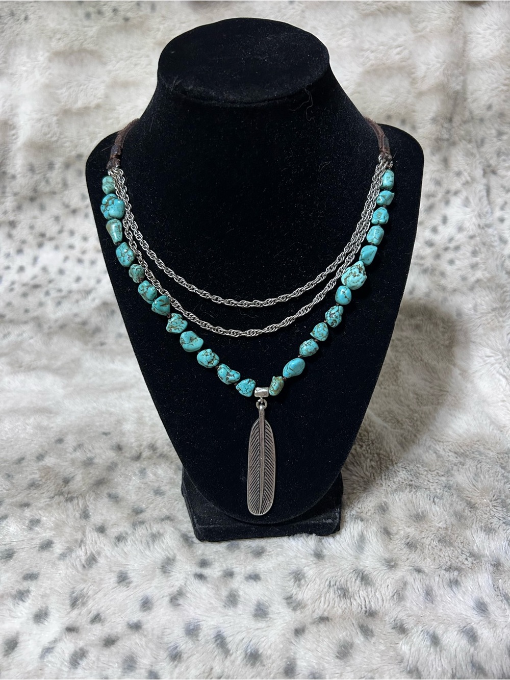Boho Necklace Western Leather Layered Turquoise Feather Pendant Women Jewelry - Picture 2 of 12